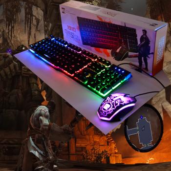 Gamer Spieler US Tastatur LED Regenbogen farbig leuchtend Keyboard mit Maus Hintergrundbeleuchtung schwarz